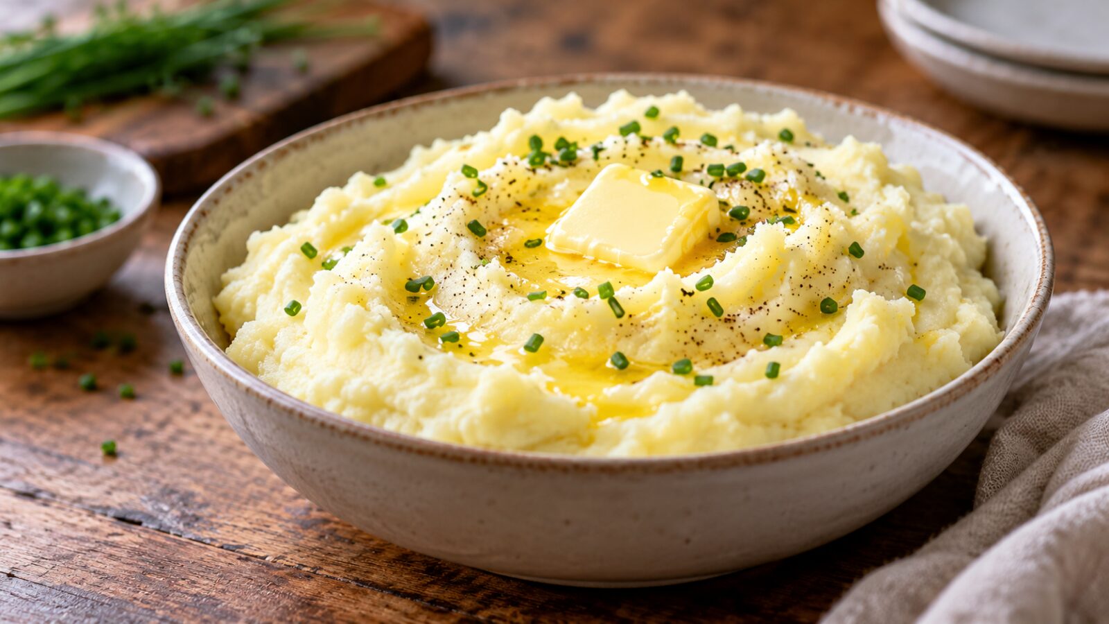 A bowl of smooth mashed potato with melting butter and chopped chives
