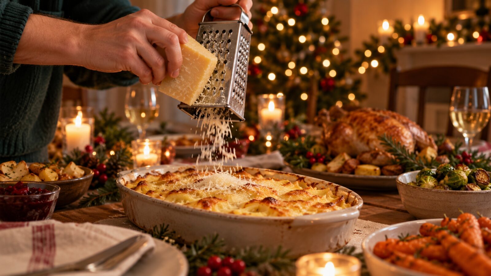 Cheese being grated over a gratin dish on a candlelit Christmas dinner table