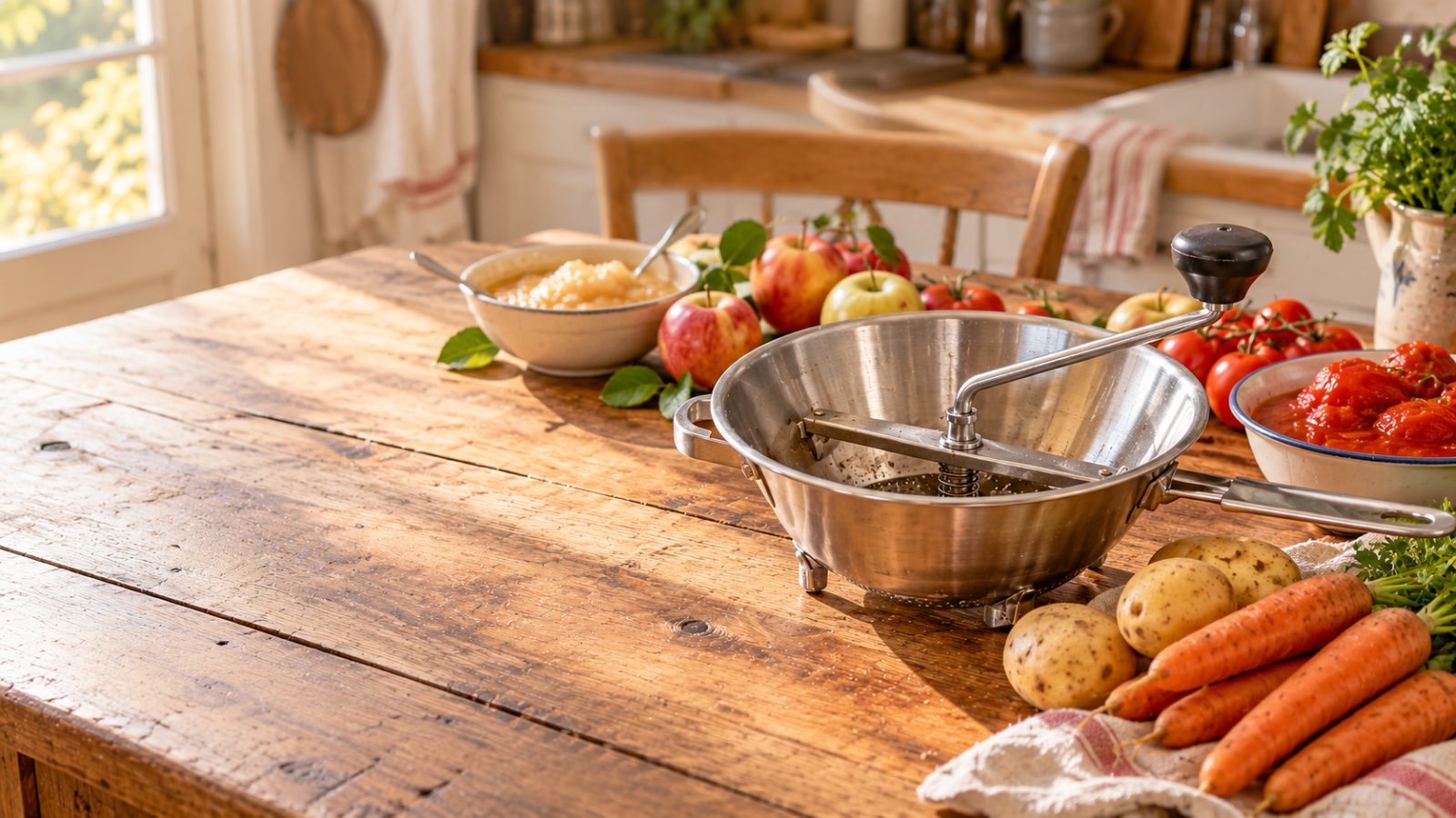 A stainless steel food mill on a farmhouse table with apples, tomatoes, potatoes, carrots and a bowl of apple sauce