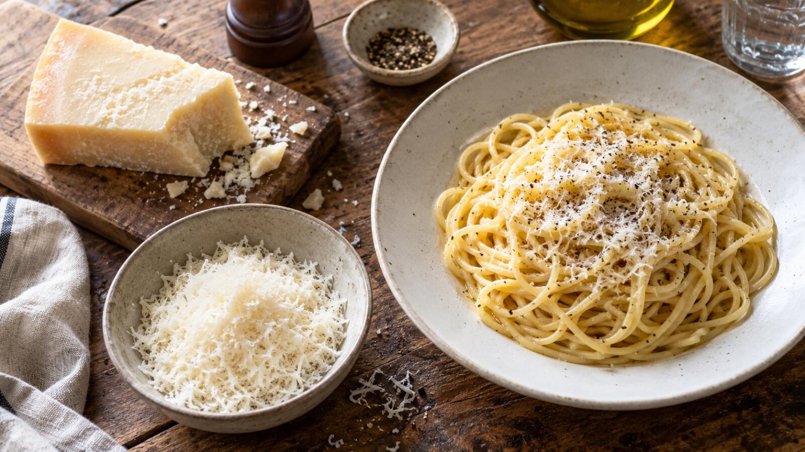 A bowl of grated hard cheese, a wedge of parmesan and a plate of spaghetti on a rustic table